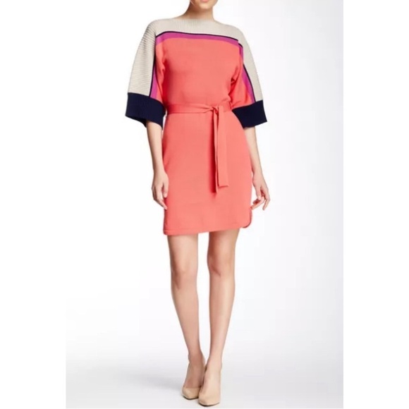 Trina Turk Adel Sweater Dress Coral Colorblock Boat Neck Cotton Modal Sz Medium - Picture 1 of 10